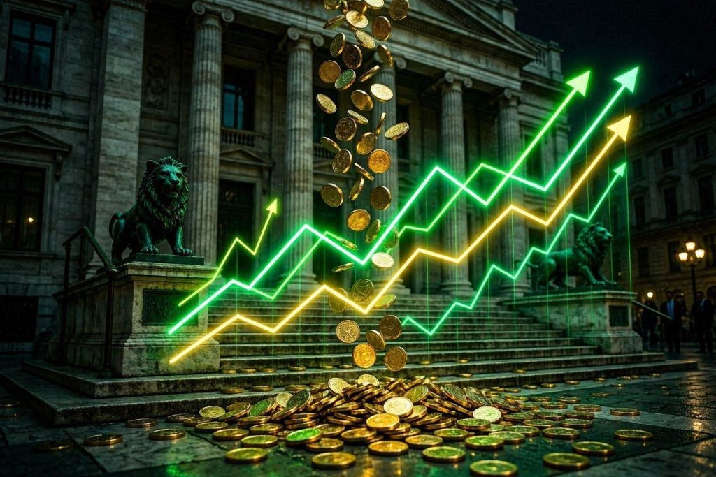 Dividend Day 2026 Borsa Italiana - pioggia di monete dorate sulla borsa italiana simbolo distribuzione dividendi 71 aziende