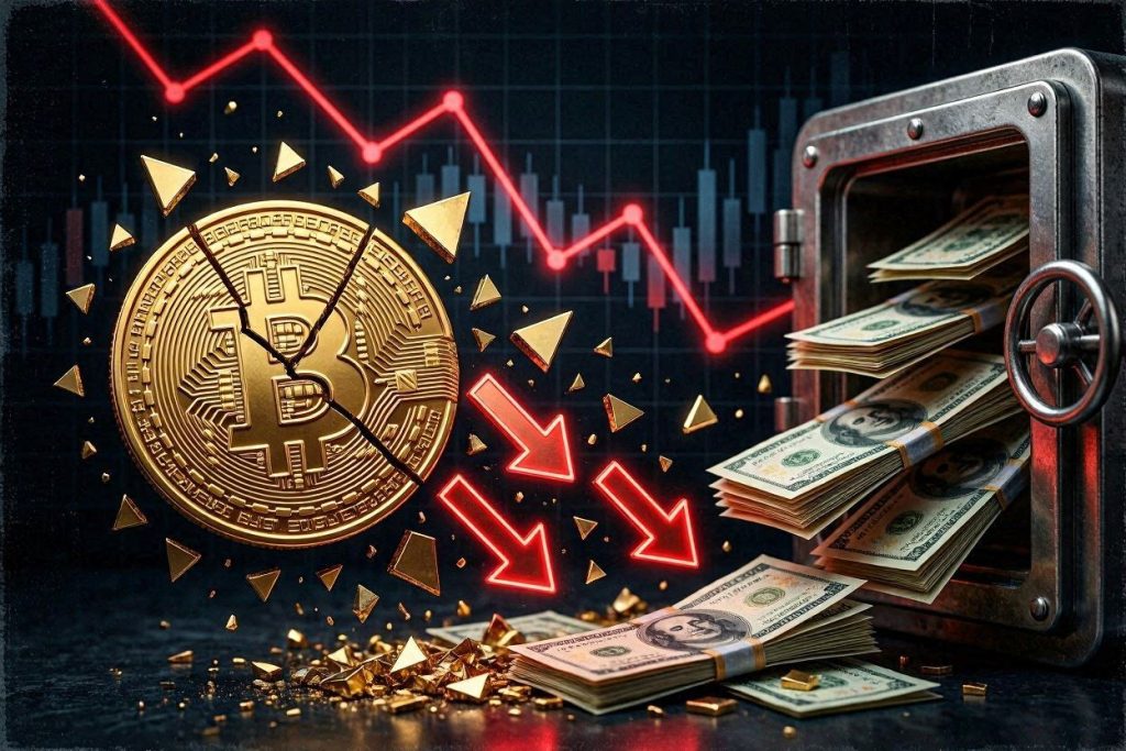 Bitcoin ETF deflussi record 2026 - moneta BTC che si frantuma con frecce rosse verso il basso simbolo crollo mercato crypto