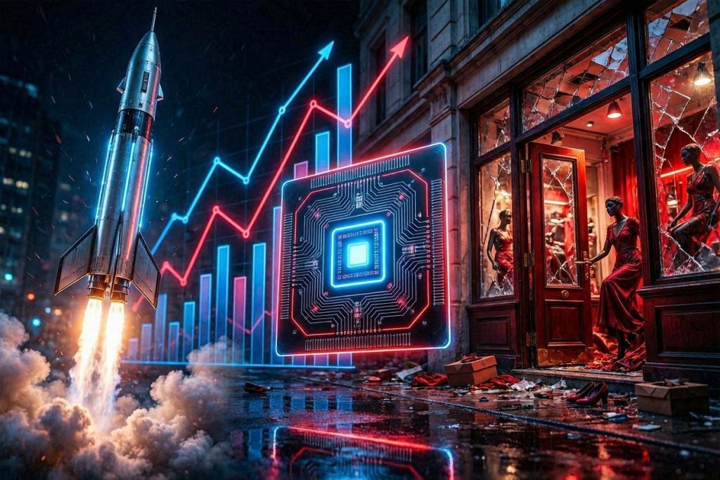 Technoprobe azioni rally 2026 +32% contro Ferragamo -18% - razzo e chip semiconduttore contrapposti a negozio lusso che crolla