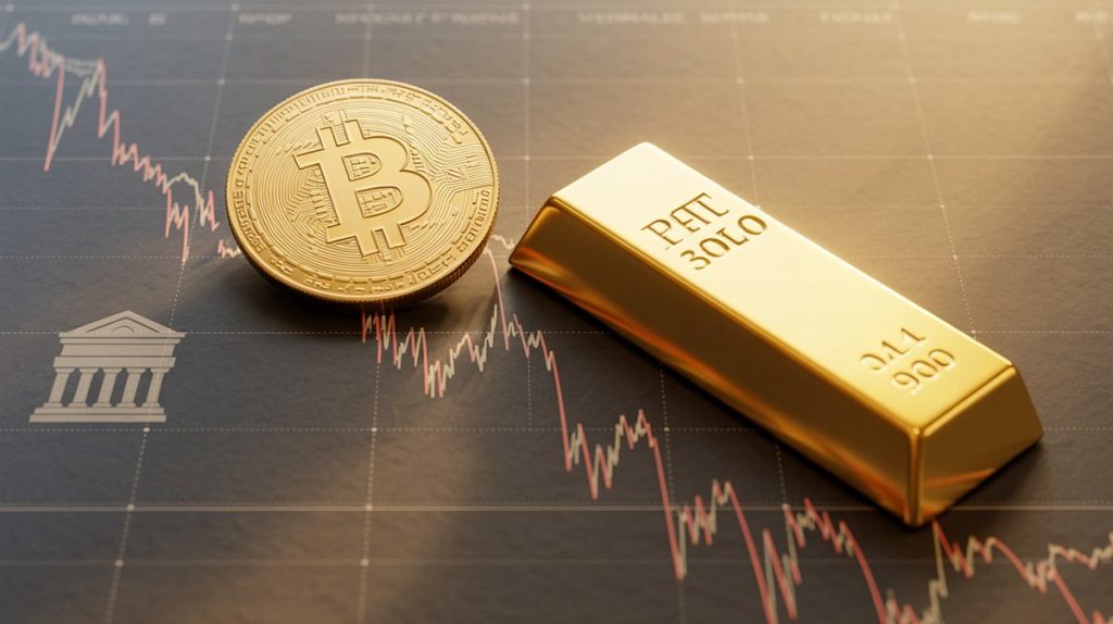 Bitcoin e oro scendono insieme su un grafico dei mercati in calo