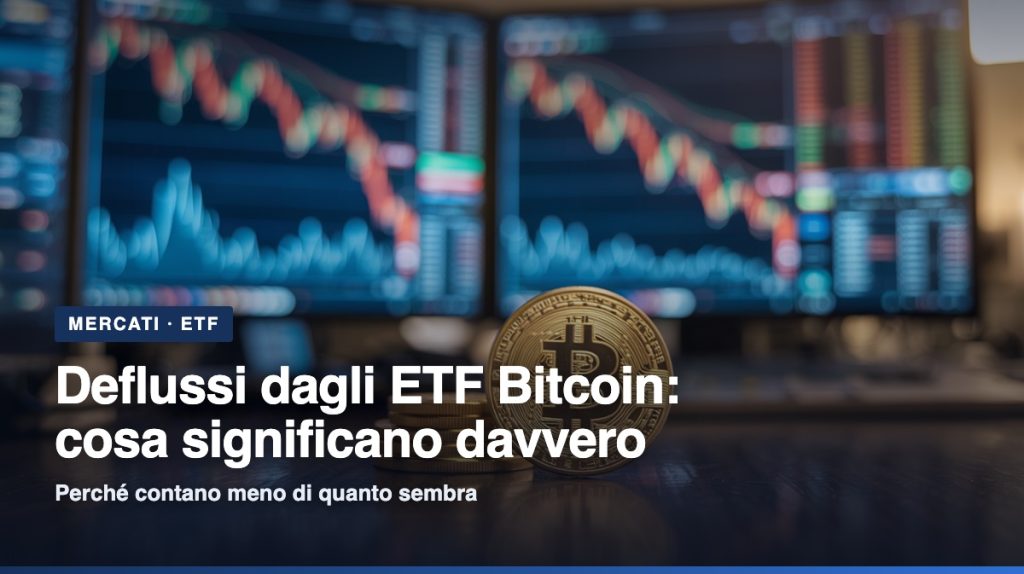 Deflussi dagli ETF Bitcoin: scrivanie di trading e grafici in calo