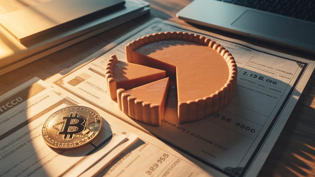 Diluizione azionaria: una torta divisa in più fette accanto a Bitcoin e certificati azionari
