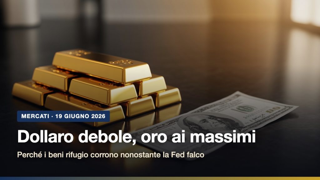Dollaro debole e oro ai massimi: lingotti doro accanto a una banconota da cento dollari