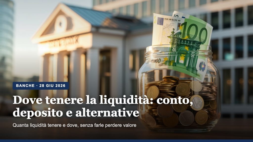Barattolo del risparmio con banconote e monete davanti a una banca: dove tenere la liquidità