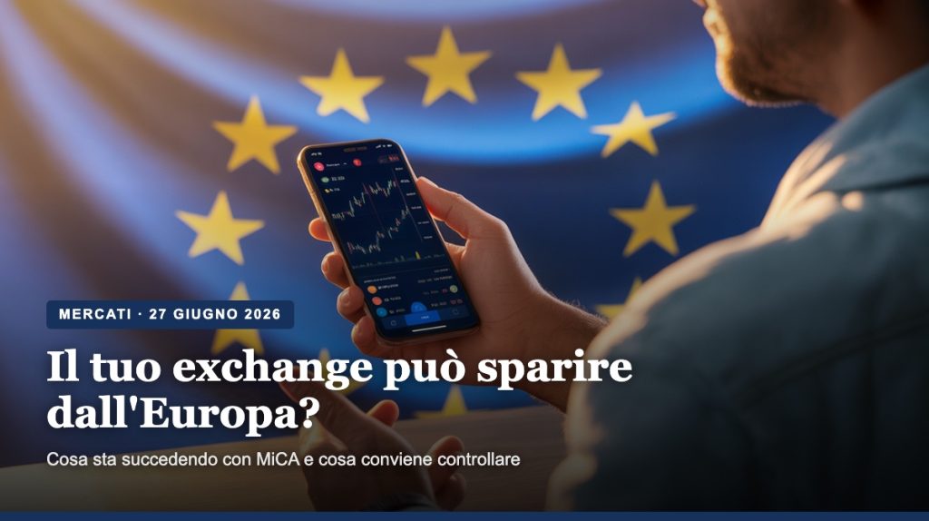 Persona con smartphone e app crypto davanti alla bandiera UE: exchange e MiCA