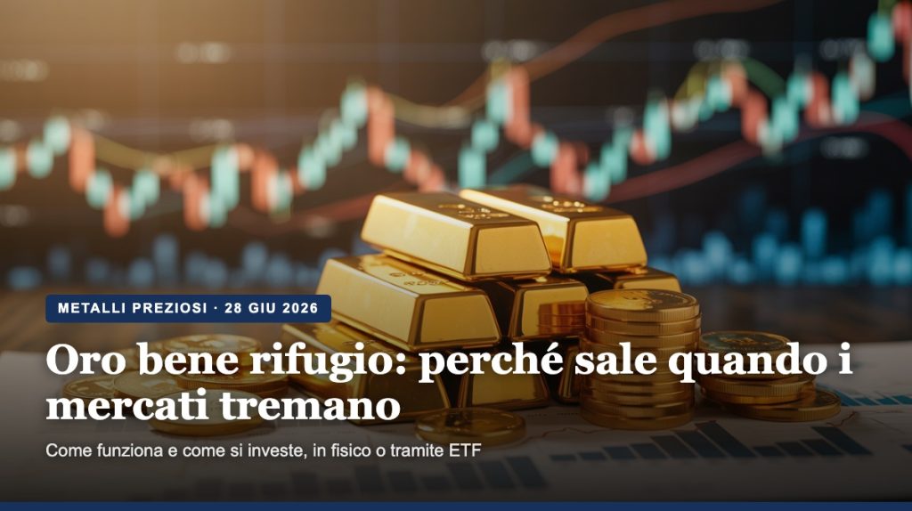 Lingotti e monete d'oro davanti a grafici di mercato: l'oro come bene rifugio