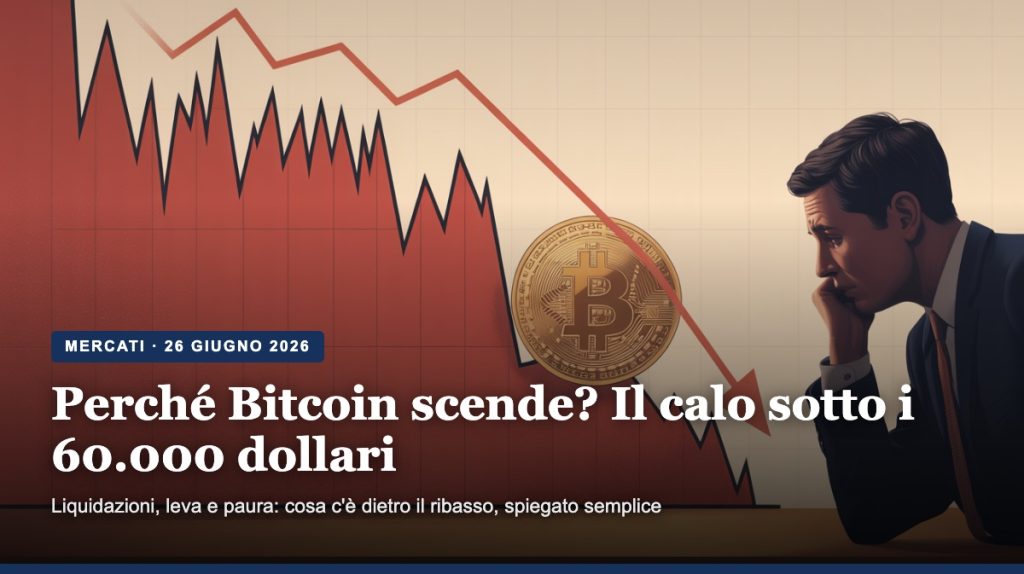 Grafico di mercato in forte calo con moneta Bitcoin e investitore preoccupato