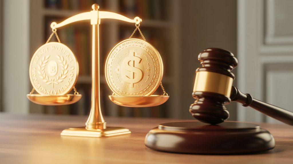 Stablecoin e regole USA: token agganciato al dollaro su una bilancia con simboli normativi