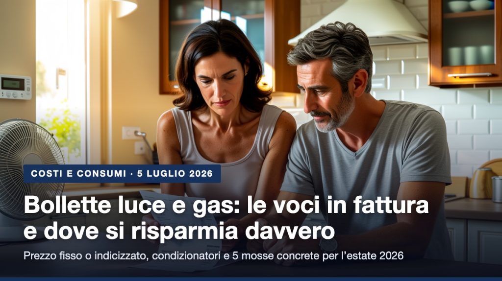 Bollette luce e gas estate 2026: famiglia legge le voci in fattura in cucina con ventilatore e termostato