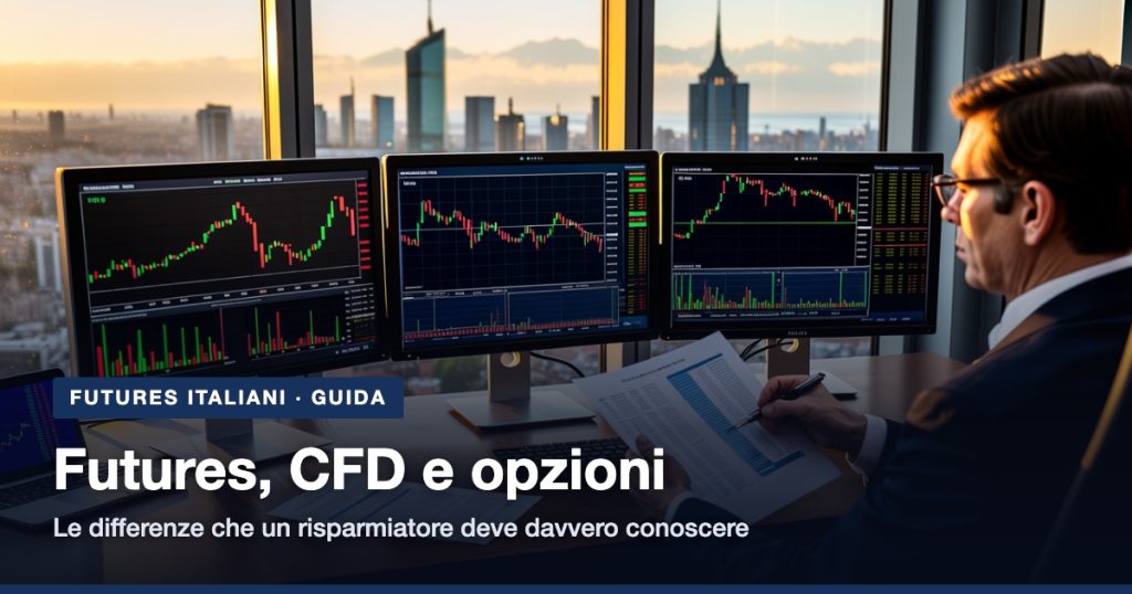 Futures e CFD a confronto con le opzioni: tre monitor con grafici di mercato e skyline di Milano