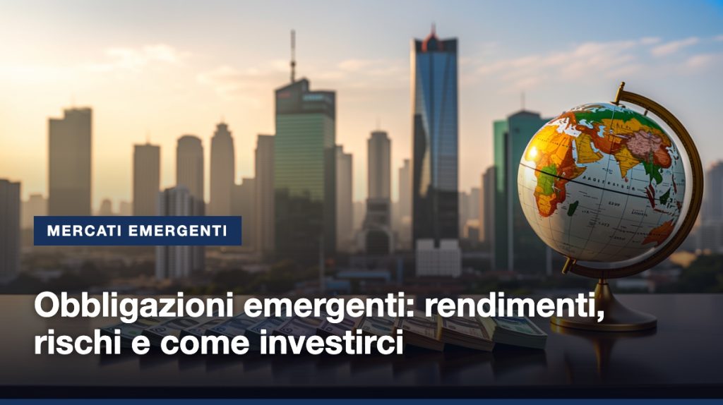 Obbligazioni emergenti: mappamondo e banconote davanti a uno skyline di un mercato emergente