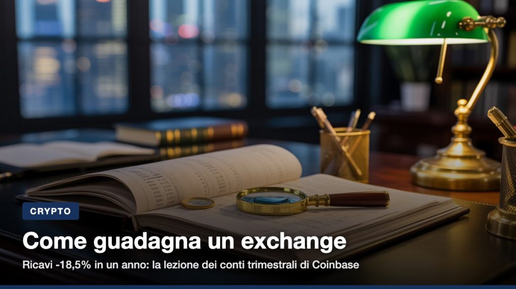 Ricavi a 1,22 miliardi, -18,5% in un anno: i conti trimestrali del piu' grande exchange quotato spiegano come guadagnano