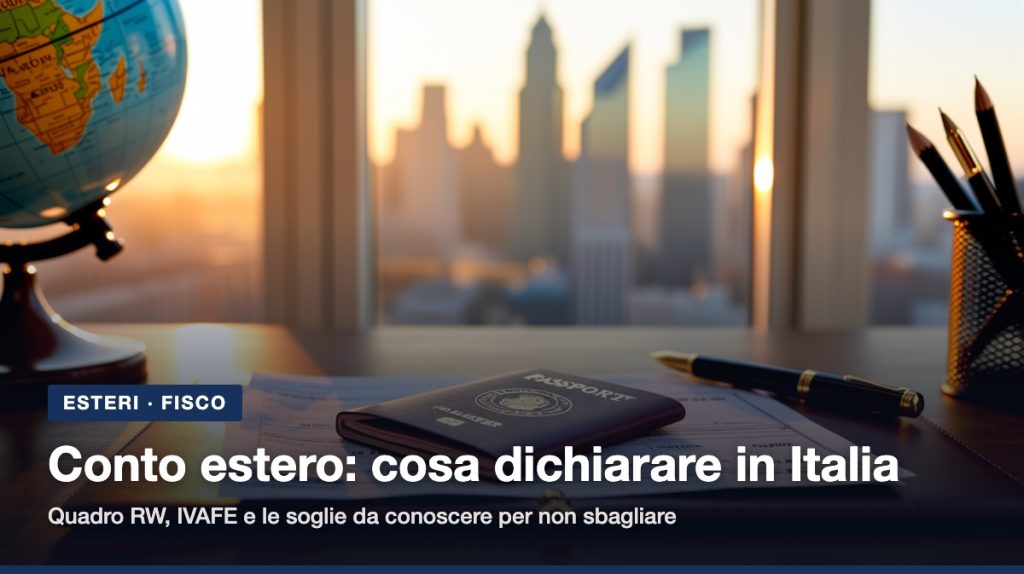 conto estero: documenti bancari internazionali e passaporto sulla scrivania