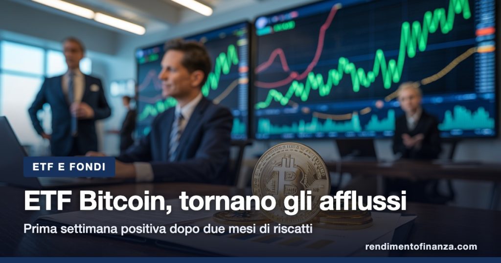 Afflussi ETF Bitcoin: sala operativa istituzionale con grafici in rialzo e moneta Bitcoin