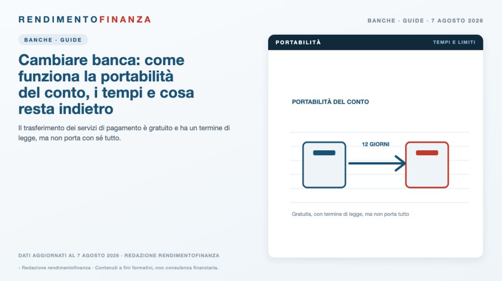 Copertina RendimentoFinanza — Cambiare banca: come funziona la portabilità del conto, i tempi e cosa resta indietro