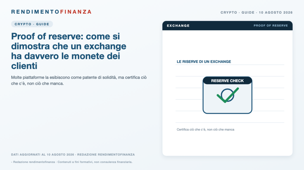 Copertina RendimentoFinanza — Proof of reserve: come si dimostra che un exchange ha davvero le monete dei clienti